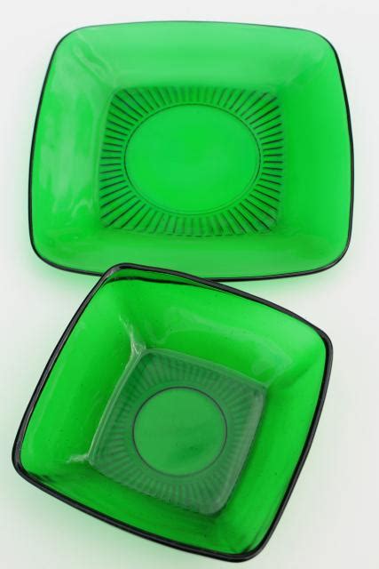 Anchor Hocking Charm square plates & bowls, forest green glass, retro ...