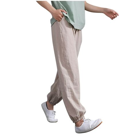 Womens Cotton Linen Capri Pants Elastic Waist Comfy Baggy Lounge