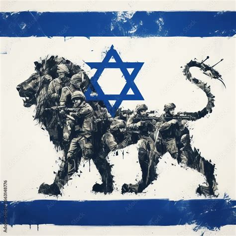 Generative AI image of a lion and Israeli soldiers over a flag of ...