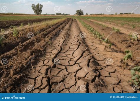 Drought Stricken Field Of Crops With Drooping Plants And Parched Earth Stock Illustration