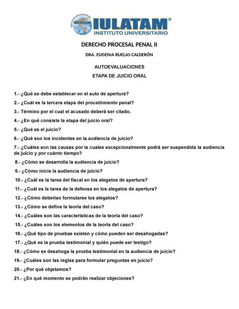 Autoevaluaciones Etapa De Jucio Oral Derecho Procesal Penal Ii Dra