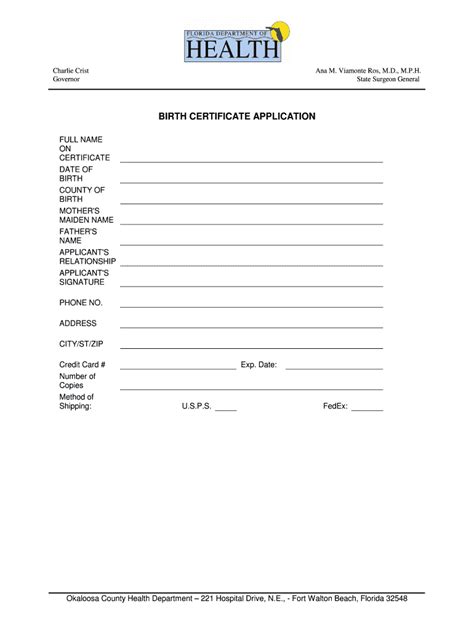 Fillable Online BIRTH CERTIFICATE APPLICATION Florida Department Of