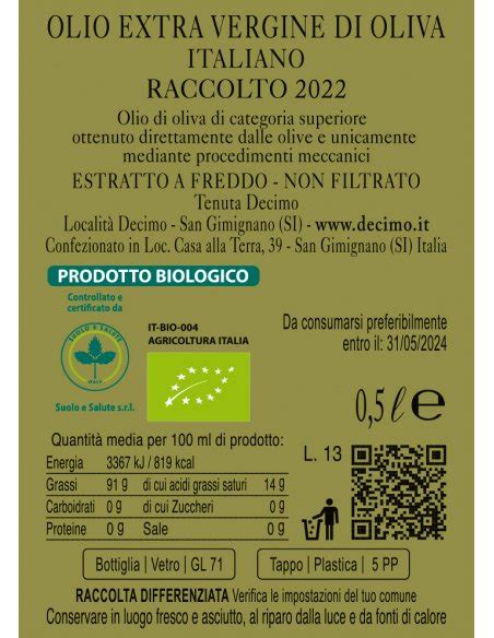 Olio Evo Olio Extravergine Di Oliva Biologico Igp Tenuta Decimo