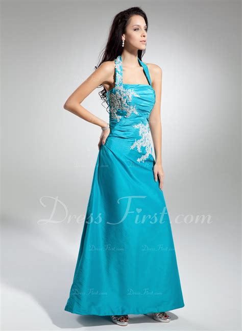 A Line Princess Halter Floor Length Taffeta Prom Dress With Ruffle