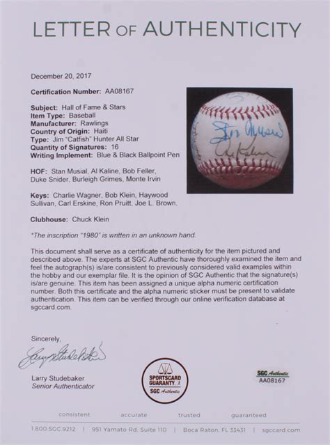 Jim Catfish Hunter All Star Baseball Signed By Stan Musial Al