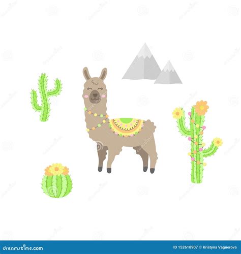 Cute Llama Alpaca Cactus Set Vector Illustration Stock Vector