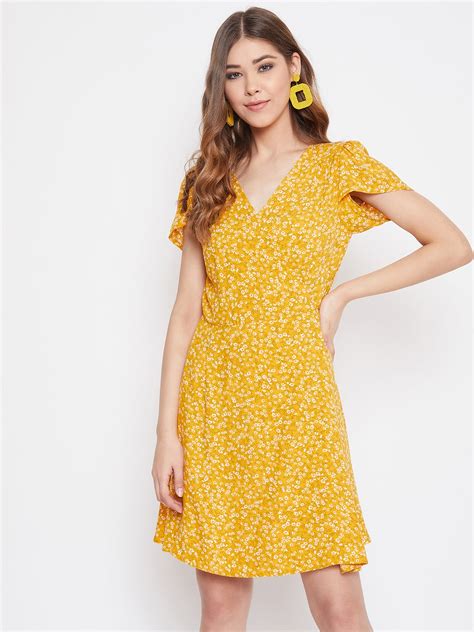 Women Yellow Floral Printed A Line Wrap Mini Dress Berrylush