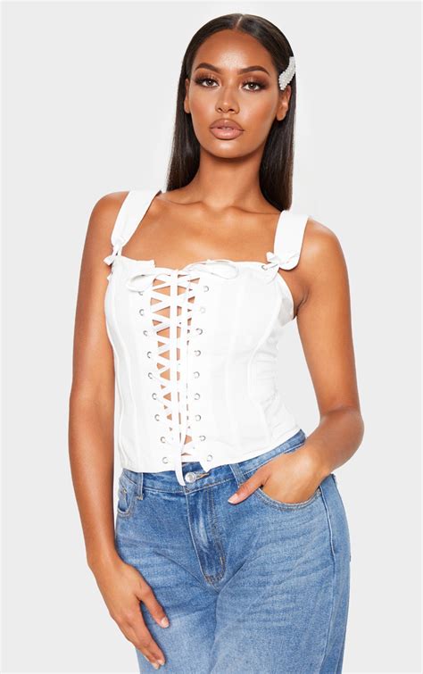 White Woven Structured Lace Up Corset Crop Top Prettylittlething Usa