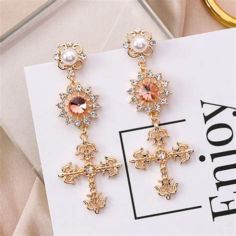 European Luxury Bohemian Vintage Baroque Cross Drop Earrings Zircon