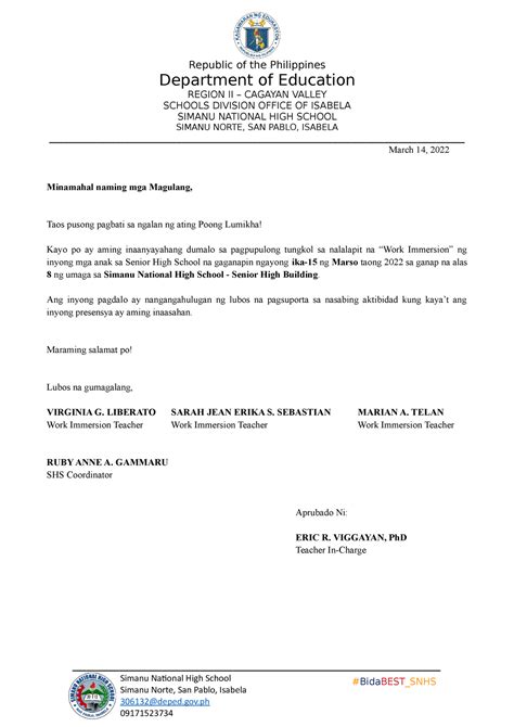 Parental Consent Letter To Parent Republic Of The Philippines