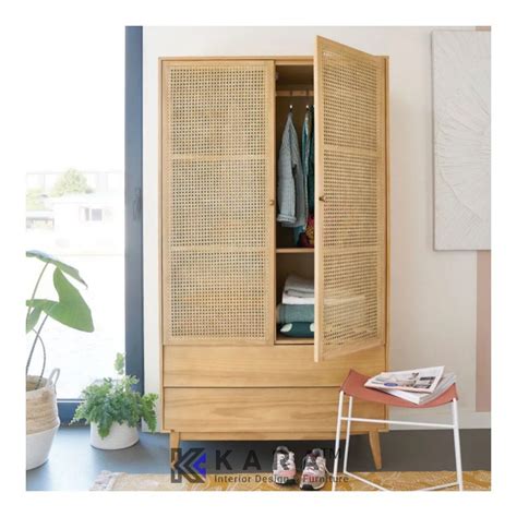 Lemari Pakaian 2 Pintu 2 Laci Kayu Jati Mix Rotan 2 Doors Wardrobe On