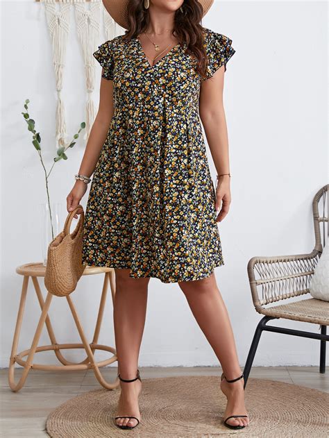 Shein Vcay Plus Ditsy Floral Print Butterfly Sleeve Dress Shein Usa