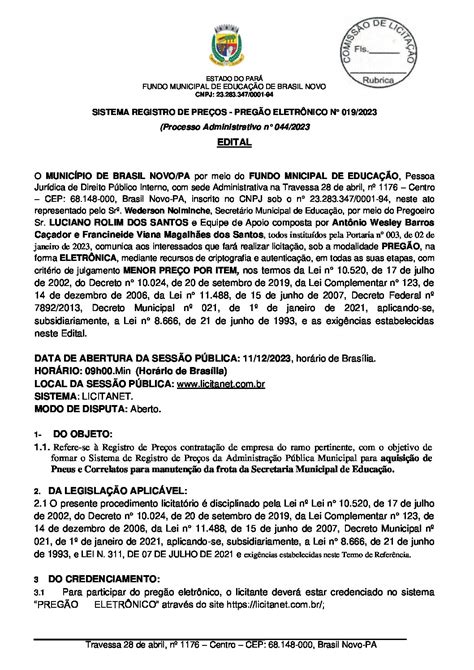 EDITAL SRP PE 019 2023 PNEUS 4 Prefeitura Municipal De Brasil Novo