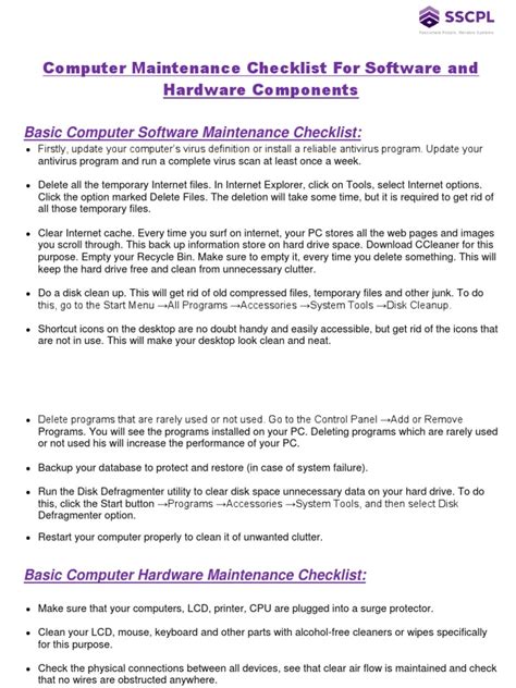 Computer Maintenance Checklist For Software And Hardware Pdf