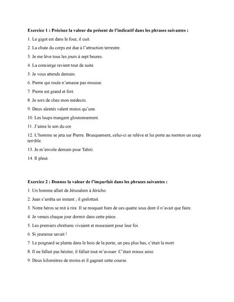 Exercices Présent Imparfait PC Exercice 1 Précisez la valeur du