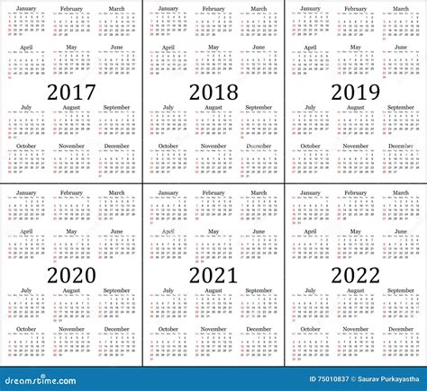 Sex årskalender 2017 2018 2019 2020 2021 Och 2022 Vektor