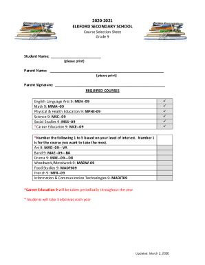 Fillable Online Grade Course Selection Sheet And Electives