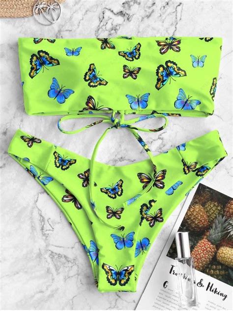 [49 Off] 2021 Zaful Butterfly Print Lace Up Bandeau Bikini Swimwear In