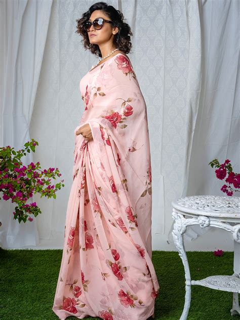 Blush Pink Floral Chiffon Saree Set Thesilkstory