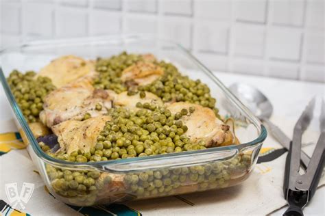 Baked Chicken Thighs W Potatoes And Peas One Pan Comfort Food