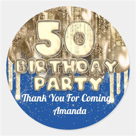 50th Birthday Gold Ballons Thank You For Blue Classic Round Sticker