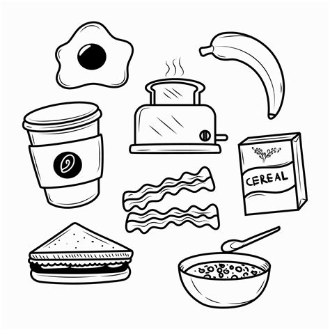 Set Of Breakfast Foods Vector Illustration With Doodle Drawing Style