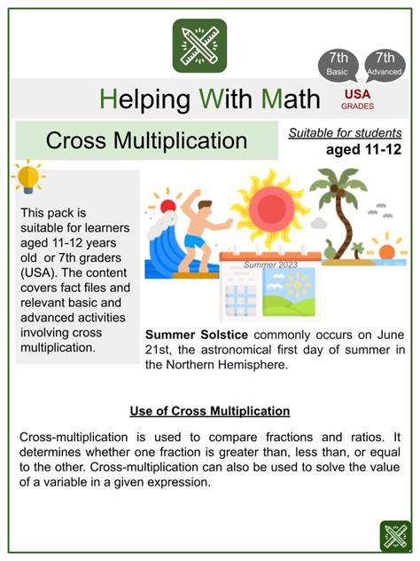 Cross Multiplication Summer Solstice Themed Math Worksheets