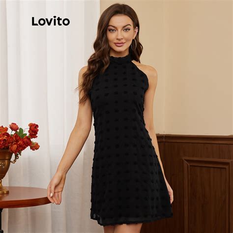 Lovito Elegant Plain Halter Polka Dot Flared Dress For Women L D