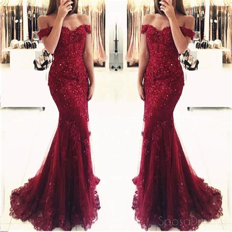 Off Shoulder Dark Red Lace Beaded Mermaid Evening Prom Dresses Popular