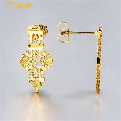 Ethlyn Jewelry Ethiopian Earrings Cross Gold Color Filled Eritrian