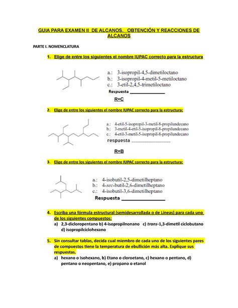 GUIA II Unidad 2quimica Organica GUIA PARA EXAMEN II DE ALCANOS