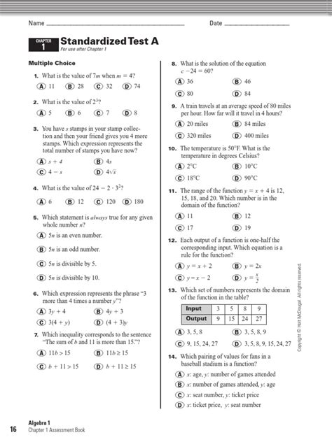 Holt Algebra 1 Chapter 01 Standardized Test Function Mathematics Interest