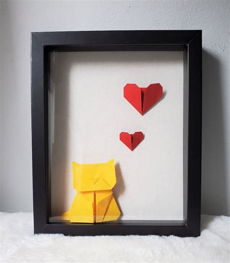 Origami Cat With Red Hearts Wooden Linen Shadow Box 8x10 - Etsy