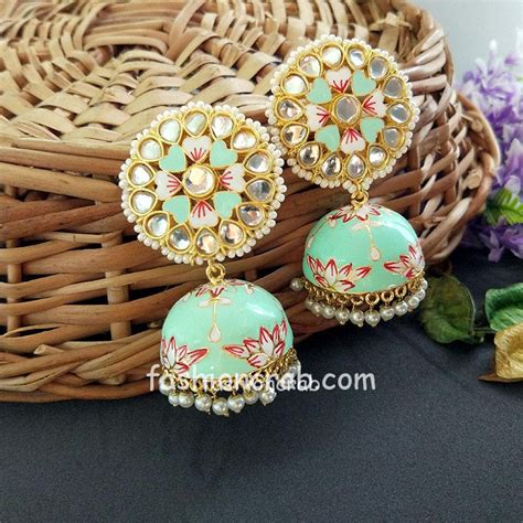 Floral Hand Painted Meenakari Sea Green Jhumka Earring FashionCrab