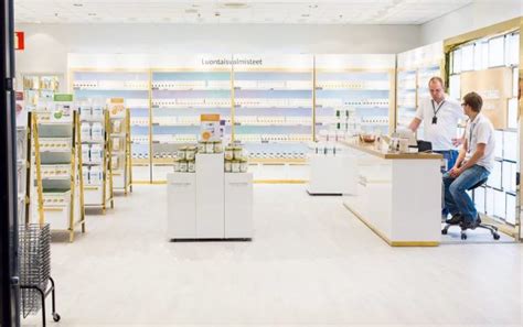 Modern pharmacy store design with display fixtures for sale