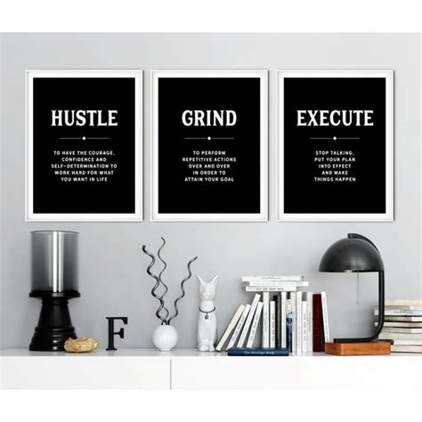 Motivational Quote Wall Art 3 Pieces Hustle Grind Execute Office Poster