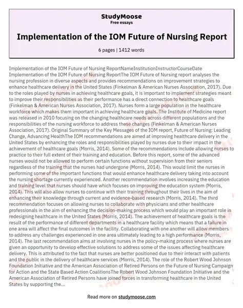 Implementation Of The Iom Future Of Nursing Report Free Essay Example