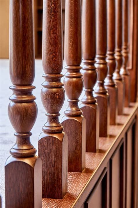 Wooden Balustrade of Classic Staircase in Modern House. Close-up Stock Photo - Image of handrail ...