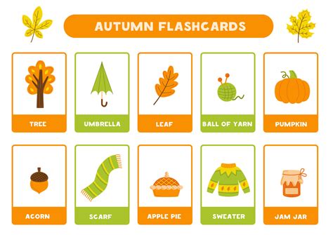 Cute Autumn Elements With Names Flashcards For Learning English