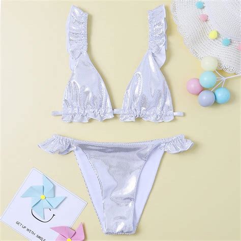 Kaufe Mädchen Metallic Rüschen Trimm Dreieck Bikini Set Sexy Mädchen