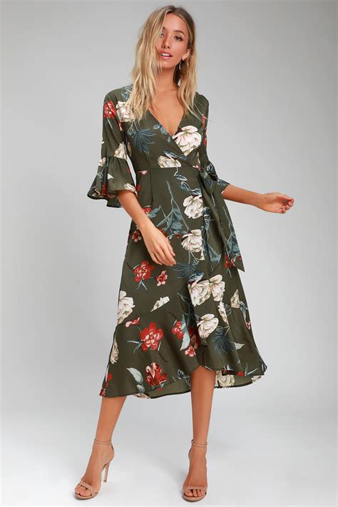 Pretty Olive Green Floral Print Dress Floral Midi Wrap Dress Lulus