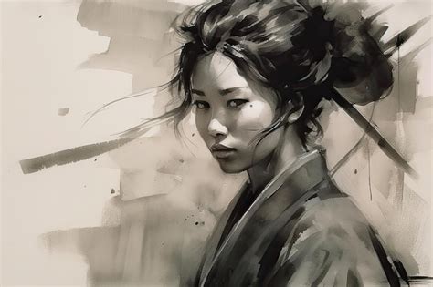 Premium Photo The Ink Painting Depicts A Beautiful Female Samurai In