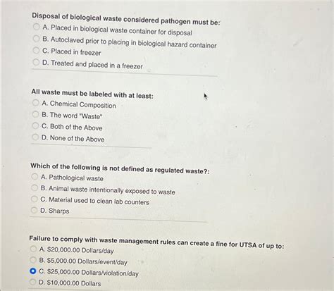 Solved Disposal of biological waste considered pathogen must | Chegg.com