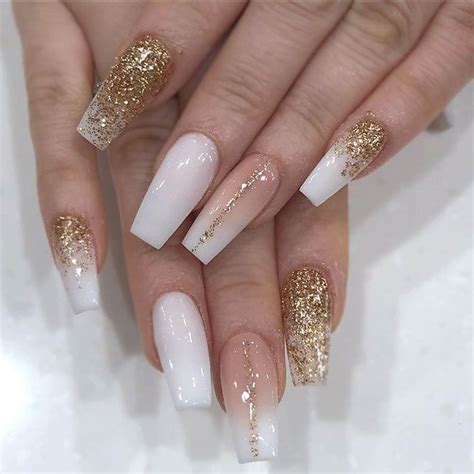 White Nails With Gold Glitter