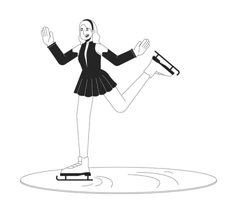 Female Skater Figure Skating Black And White Cartoon Flat Illustration