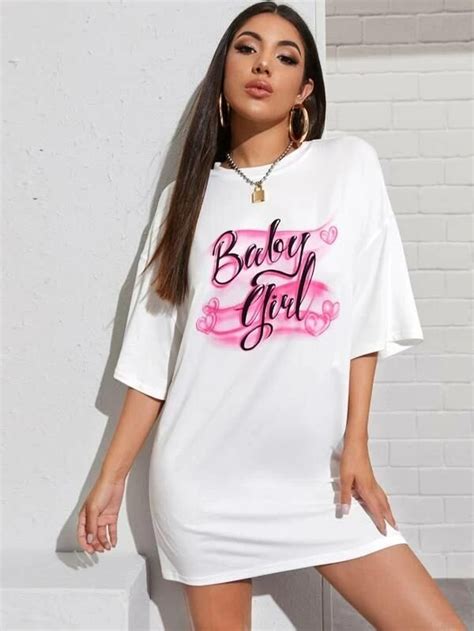 Women Drop Shoulder Slogan Graphic Tee Dress AGODEAL Graphic Tee