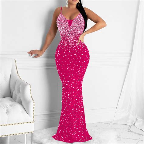 Ericdress V Neck Sleeveless Rhinestone Summer Mermaid Maxi Dress