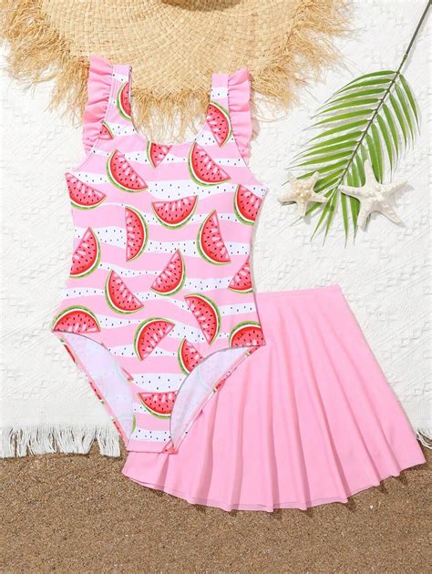 Tween Girl One Piece Swimsuit With Watermelon Pattern And Ruffled Hem