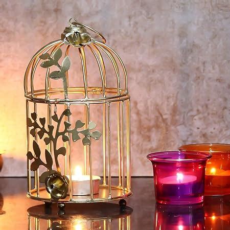 Webelkart Gold Colour Metal Iron Bird Cage Tea Light Holder With Flower