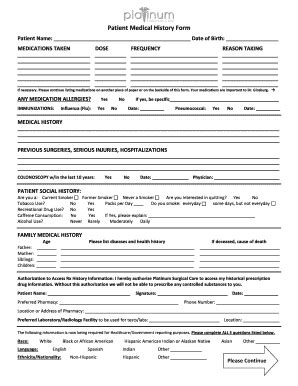 Fillable Online Patient Medical History Form Platinum Surgical Care